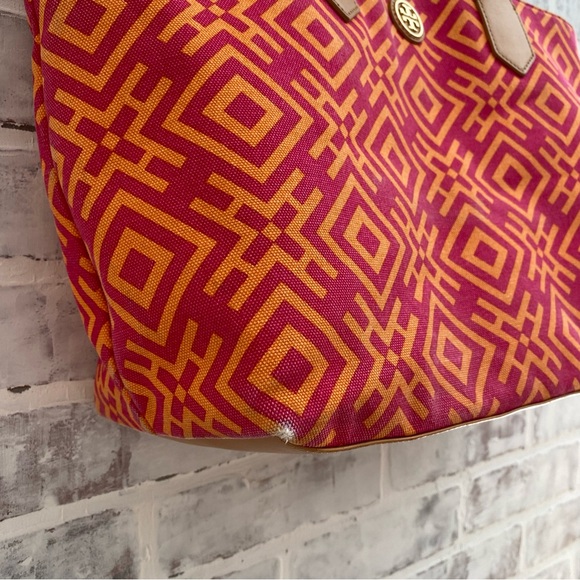 Tory Burch • Large Geometric Canvas Tote • Orange & Pink - Picture 5 of 14